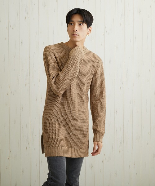 VIBGYOR(ヴィブジョー)の「VIBGYOR Select/畦編みロング丈モックネックニット(BL)(ニット/セーター・メンズ・ブラック/カーキ/アイボリー/杢グレー/ベージュ系その他/パープル系その他・MEDIUM/LARGE)」の7枚目の写真