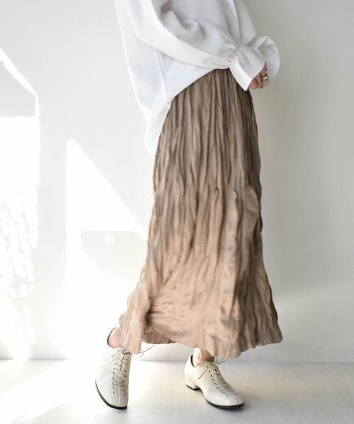 muure(ミュール)の「*新色追加* ワッシャープリーツスカート(スカート・レディース・ブラック/ベージュ/グリーン/アイボリー/ブラウン/ブラック系その他/ライトベージュ・FREE)」の12枚目の写真