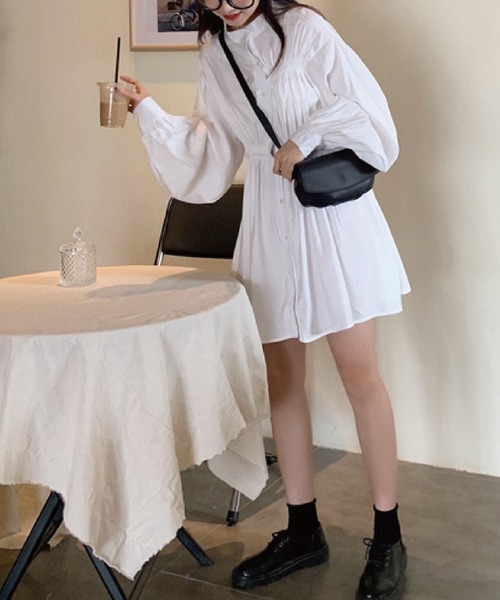 meJane（ミージェーン）の「ウエストマーク シャツワンピース（ワンピース・レディース・ホワイト/ブラック・FREE）」の4枚目の写真