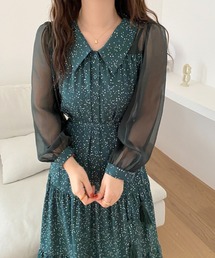 シアースリーブマキシ丈ドッキングティアード柄ワンピース