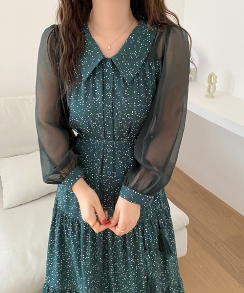 ABITOKYO(アビトーキョー)の「シアースリーブマキシ丈ドッキングティアード柄ワンピース(ワンピース・レディース・ホワイト/ブラック/グリーン・FREE)」の3枚目の写真