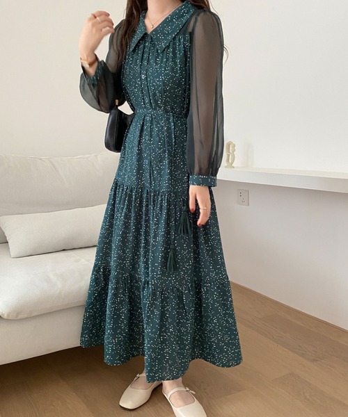 ABITOKYO(アビトーキョー)の「シアースリーブマキシ丈ドッキングティアード柄ワンピース(ワンピース・レディース・ホワイト/ブラック/グリーン・FREE)」の12枚目の写真