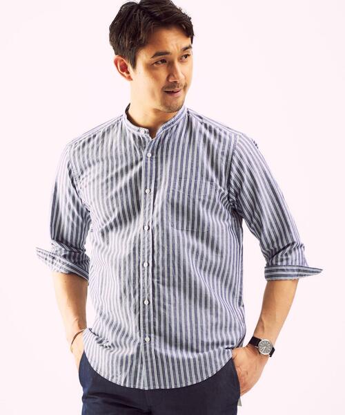 green label relaxing（グリーンレーベルリラクシング）の「OLT CSM イージーリネン ストライプ バンドカラー 7分袖 シャツ（シャツ/ブラウス・メンズ・ベージュ/ライトブルー/ネイビー・X-LARGE/SMALL/MEDIUM/LARGE）」の3枚目の写真