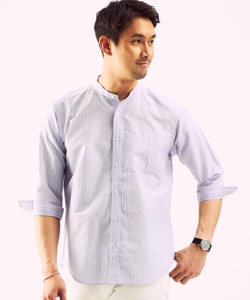 green label relaxing（グリーンレーベルリラクシング）の「OLT CSM イージーリネン ストライプ バンドカラー 7分袖 シャツ（シャツ/ブラウス・メンズ・ベージュ/ライトブルー/ネイビー・X-LARGE/SMALL/MEDIUM/LARGE）」の2枚目の写真