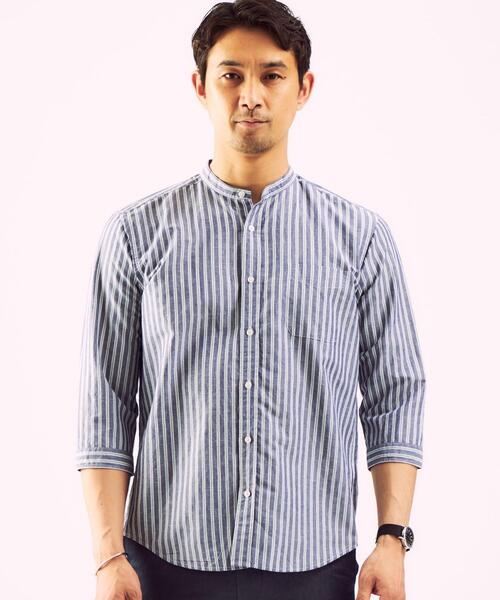 green label relaxing（グリーンレーベルリラクシング）の「OLT CSM イージーリネン ストライプ バンドカラー 7分袖 シャツ（シャツ/ブラウス・メンズ・ベージュ/ライトブルー/ネイビー・X-LARGE/SMALL/MEDIUM/LARGE）」の9枚目の写真