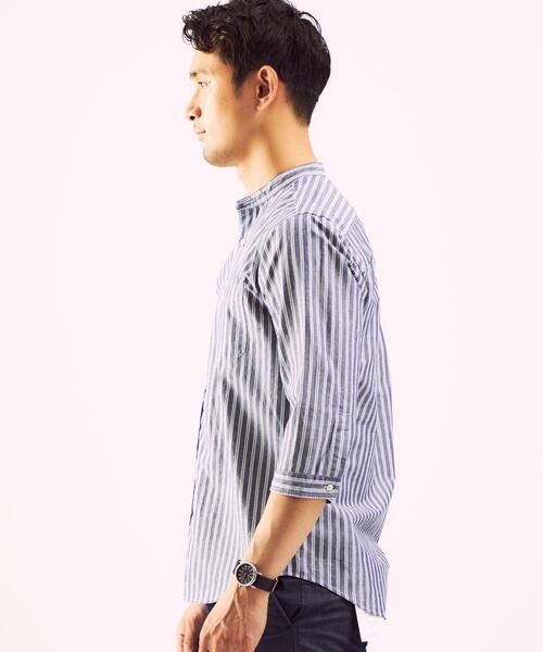 green label relaxing（グリーンレーベルリラクシング）の「OLT CSM イージーリネン ストライプ バンドカラー 7分袖 シャツ（シャツ/ブラウス・メンズ・ベージュ/ライトブルー/ネイビー・X-LARGE/SMALL/MEDIUM/LARGE）」の8枚目の写真