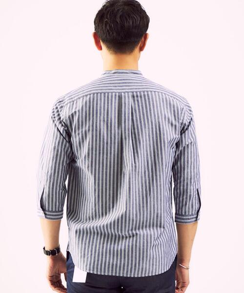 green label relaxing（グリーンレーベルリラクシング）の「OLT CSM イージーリネン ストライプ バンドカラー 7分袖 シャツ（シャツ/ブラウス・メンズ・ベージュ/ライトブルー/ネイビー・X-LARGE/SMALL/MEDIUM/LARGE）」の6枚目の写真