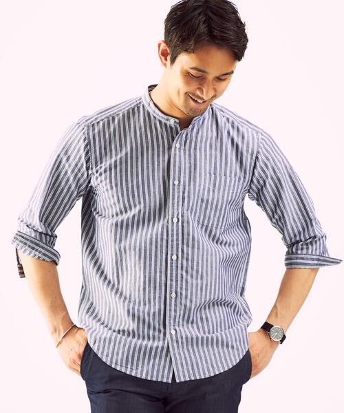 green label relaxing（グリーンレーベルリラクシング）の「OLT CSM イージーリネン ストライプ バンドカラー 7分袖 シャツ（シャツ/ブラウス・メンズ・ベージュ/ライトブルー/ネイビー・X-LARGE/SMALL/MEDIUM/LARGE）」の12枚目の写真