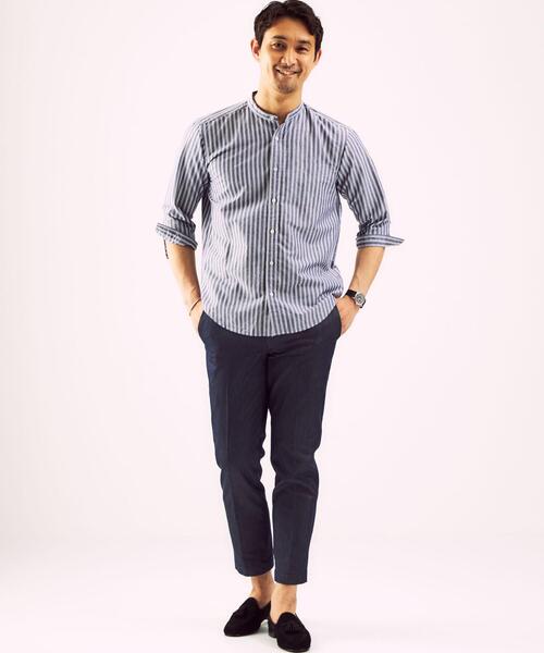 green label relaxing（グリーンレーベルリラクシング）の「OLT CSM イージーリネン ストライプ バンドカラー 7分袖 シャツ（シャツ/ブラウス・メンズ・ベージュ/ライトブルー/ネイビー・X-LARGE/SMALL/MEDIUM/LARGE）」の11枚目の写真