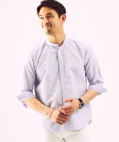 green label relaxing（グリーンレーベルリラクシング）の「OLT CSM イージーリネン ストライプ バンドカラー 7分袖 シャツ（シャツ/ブラウス・メンズ・ベージュ/ライトブルー/ネイビー・X-LARGE/SMALL/MEDIUM/LARGE）」の7枚目の写真