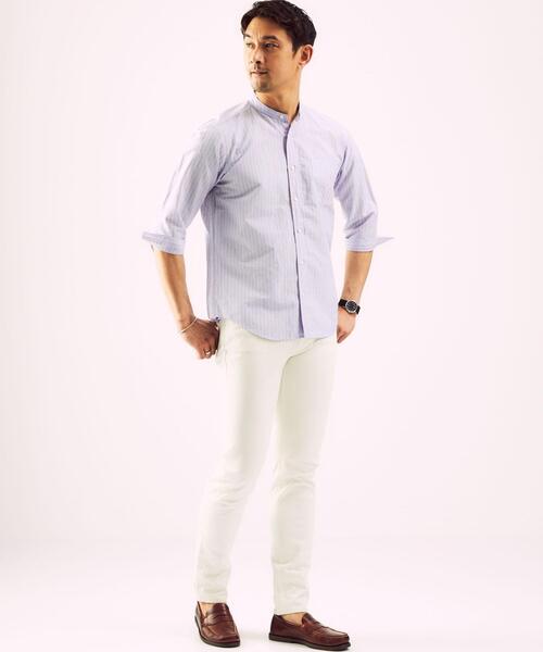 green label relaxing（グリーンレーベルリラクシング）の「OLT CSM イージーリネン ストライプ バンドカラー 7分袖 シャツ（シャツ/ブラウス・メンズ・ベージュ/ライトブルー/ネイビー・X-LARGE/SMALL/MEDIUM/LARGE）」の5枚目の写真