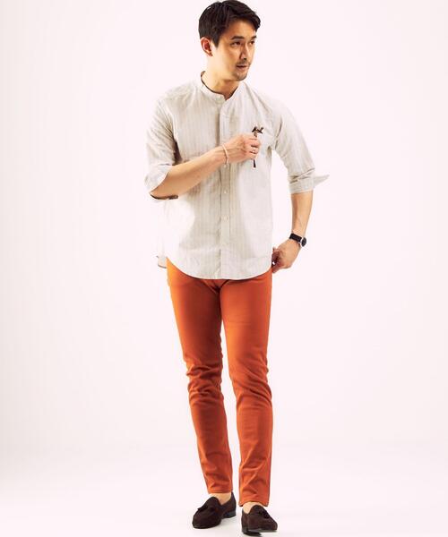 green label relaxing（グリーンレーベルリラクシング）の「OLT CSM イージーリネン ストライプ バンドカラー 7分袖 シャツ（シャツ/ブラウス・メンズ・ベージュ/ライトブルー/ネイビー・X-LARGE/SMALL/MEDIUM/LARGE）」の4枚目の写真