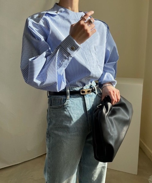 MANGROVE（マングローブ）の「ショルダーフラップストライプオーバーシャツ（シャツ/ブラウス・レディース・グレー/ブルー・FREE）」の8枚目の写真