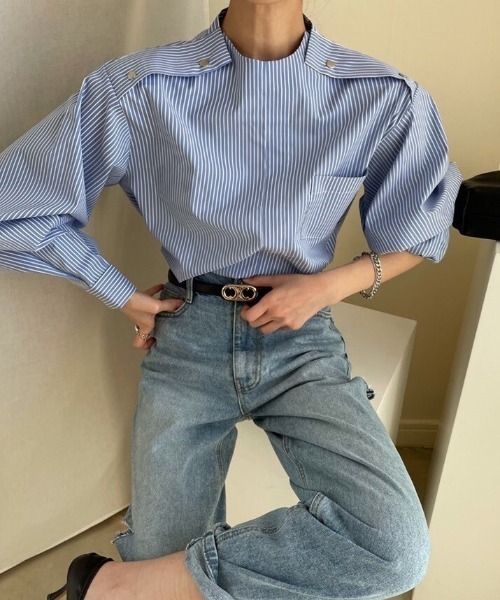 MANGROVE（マングローブ）の「ショルダーフラップストライプオーバーシャツ（シャツ/ブラウス・レディース・グレー/ブルー・FREE）」の15枚目の写真