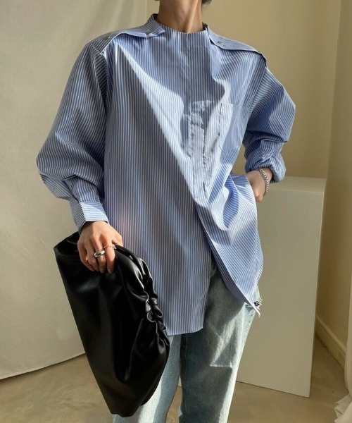 MANGROVE（マングローブ）の「ショルダーフラップストライプオーバーシャツ（シャツ/ブラウス・レディース・グレー/ブルー・FREE）」の16枚目の写真