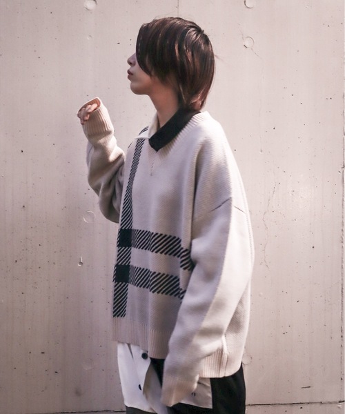 rovtski（ロフトスキー）の「AFYF 5GV NECK CHILDEN/ビッグシルエット Vネック チルデンニットセーター（ニット/セーター・メンズ・ブラック/ダークグリーン/ライトベージュ・FREE）」の3枚目の写真