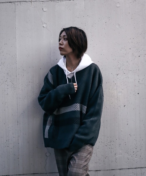 rovtski（ロフトスキー）の「AFYF 5GV NECK CHILDEN/ビッグシルエット Vネック チルデンニットセーター（ニット/セーター・メンズ・ブラック/ダークグリーン/ライトベージュ・FREE）」の17枚目の写真