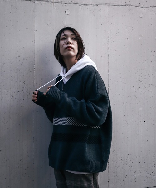 rovtski（ロフトスキー）の「AFYF 5GV NECK CHILDEN/ビッグシルエット Vネック チルデンニットセーター（ニット/セーター・メンズ・ブラック/ダークグリーン/ライトベージュ・FREE）」の20枚目の写真