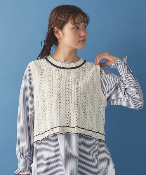 Malle(マル)の「●malle Cotton/Linen ショートベスト(ベスト・レディース・ブラック/ホワイト×ネイビー/ライトカーキ/ベージュ・FREE)」の2枚目の写真