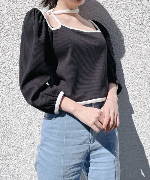 lilLilly（リルリリー）の「リブチョーカートップス（Tシャツ/カットソー・レディース・ベージュ/ブラック/ブルー・FREE）」の7枚目の写真