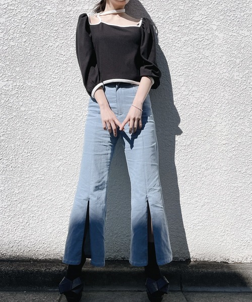 lilLilly（リルリリー）の「リブチョーカートップス（Tシャツ/カットソー・レディース・ベージュ/ブラック/ブルー・FREE）」の8枚目の写真