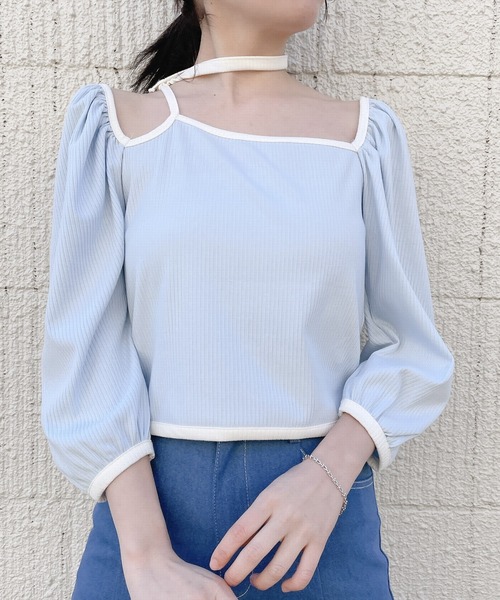 lilLilly（リルリリー）の「リブチョーカートップス（Tシャツ/カットソー・レディース・ベージュ/ブラック/ブルー・FREE）」の10枚目の写真