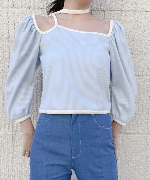 lilLilly（リルリリー）の「リブチョーカートップス（Tシャツ/カットソー・レディース・ベージュ/ブラック/ブルー・FREE）」の11枚目の写真