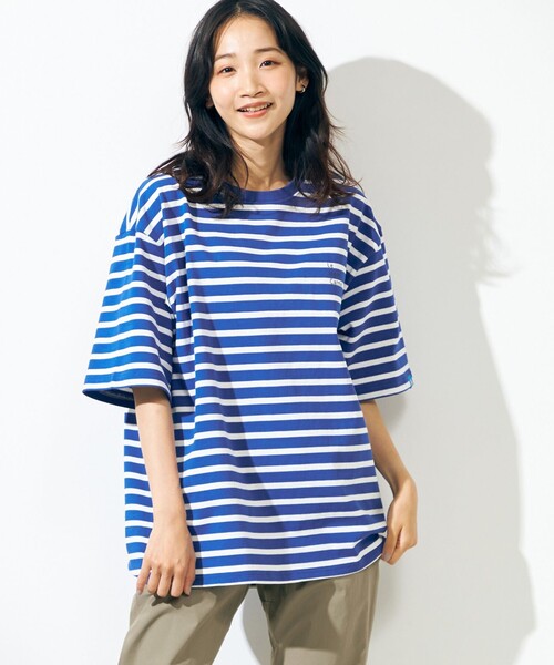 SHARE PARK(シェアパーク)の「【UNISEX】UVカット ボーダーロゴTシャツ(Tシャツ/カットソー・メンズ・ホワイト系1/ブルー系1・X-SMALL/LARGE/SMALL/MEDIUM/X-LARGE)」の2枚目の写真