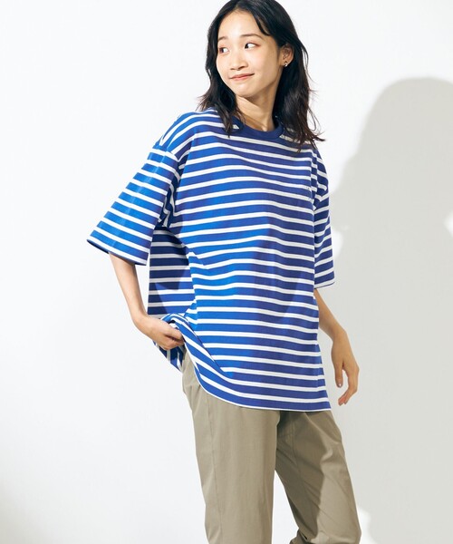 SHARE PARK(シェアパーク)の「【UNISEX】UVカット ボーダーロゴTシャツ(Tシャツ/カットソー・メンズ・ホワイト系1/ブルー系1・X-SMALL/LARGE/SMALL/MEDIUM/X-LARGE)」の6枚目の写真