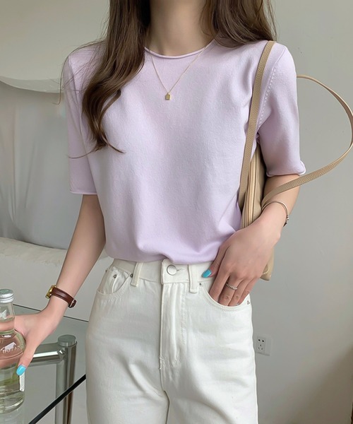 Ulysses（ユリシス）の「ラウンドネック5分袖ニットトップス（ニット/セーター・レディース・ダークパープル/ブラック/ブルー/グリーン/ライトパープル/ホワイト/アイボリー・F）」の7枚目の写真