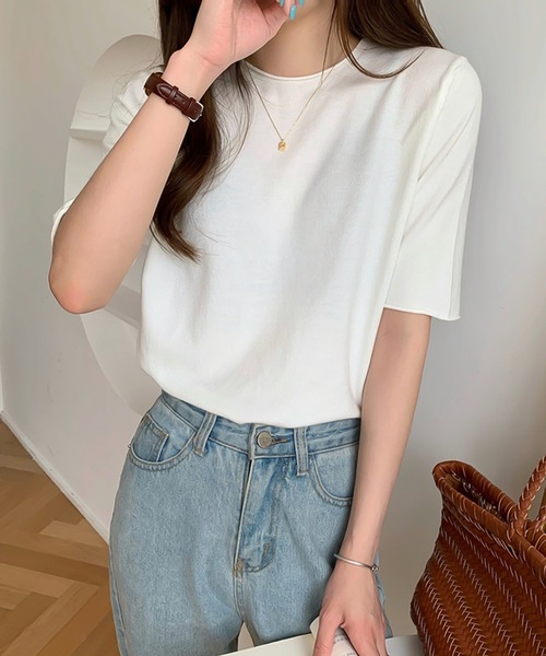 Ulysses（ユリシス）の「ラウンドネック5分袖ニットトップス（ニット/セーター・レディース・ダークパープル/ブラック/ブルー/グリーン/ライトパープル/ホワイト/アイボリー・F）」の2枚目の写真