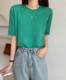 ラウンドネック5分袖ニットトップス