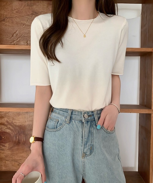 Ulysses（ユリシス）の「ラウンドネック5分袖ニットトップス（ニット/セーター・レディース・ダークパープル/ブラック/ブルー/グリーン/ライトパープル/ホワイト/アイボリー・F）」の3枚目の写真