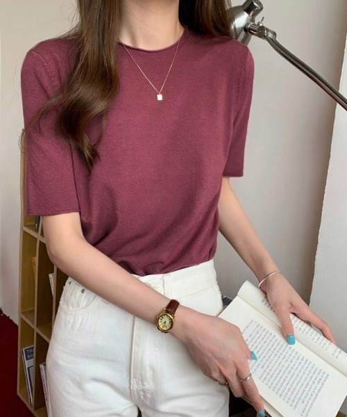 Ulysses（ユリシス）の「ラウンドネック5分袖ニットトップス（ニット/セーター・レディース・ダークパープル/ブラック/ブルー/グリーン/ライトパープル/ホワイト/アイボリー・F）」の6枚目の写真