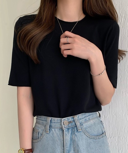 Ulysses（ユリシス）の「ラウンドネック5分袖ニットトップス（ニット/セーター・レディース・ダークパープル/ブラック/ブルー/グリーン/ライトパープル/ホワイト/アイボリー・F）」の4枚目の写真