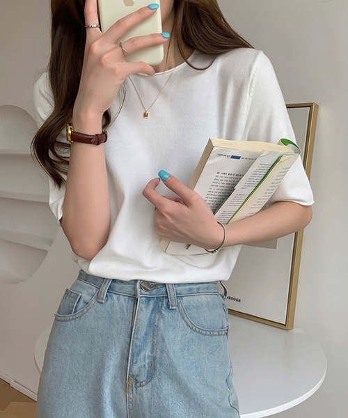 Ulysses（ユリシス）の「ラウンドネック5分袖ニットトップス（ニット/セーター・レディース・ダークパープル/ブラック/ブルー/グリーン/ライトパープル/ホワイト/アイボリー・F）」の8枚目の写真