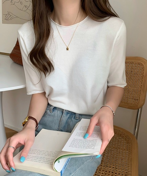 Ulysses（ユリシス）の「ラウンドネック5分袖ニットトップス（ニット/セーター・レディース・ダークパープル/ブラック/ブルー/グリーン/ライトパープル/ホワイト/アイボリー・F）」の9枚目の写真