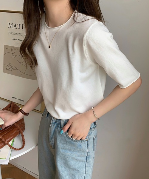 Ulysses（ユリシス）の「ラウンドネック5分袖ニットトップス（ニット/セーター・レディース・ダークパープル/ブラック/ブルー/グリーン/ライトパープル/ホワイト/アイボリー・F）」の11枚目の写真