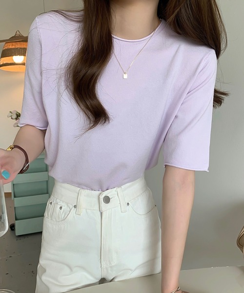 Ulysses（ユリシス）の「ラウンドネック5分袖ニットトップス（ニット/セーター・レディース・ダークパープル/ブラック/ブルー/グリーン/ライトパープル/ホワイト/アイボリー・F）」の13枚目の写真