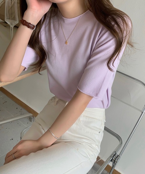 Ulysses（ユリシス）の「ラウンドネック5分袖ニットトップス（ニット/セーター・レディース・ダークパープル/ブラック/ブルー/グリーン/ライトパープル/ホワイト/アイボリー・F）」の14枚目の写真