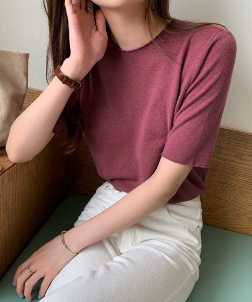 Ulysses（ユリシス）の「ラウンドネック5分袖ニットトップス（ニット/セーター・レディース・ダークパープル/ブラック/ブルー/グリーン/ライトパープル/ホワイト/アイボリー・F）」の15枚目の写真