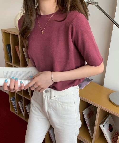 Ulysses（ユリシス）の「ラウンドネック5分袖ニットトップス（ニット/セーター・レディース・ダークパープル/ブラック/ブルー/グリーン/ライトパープル/ホワイト/アイボリー・F）」の16枚目の写真