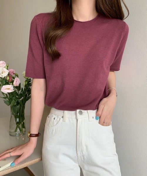 Ulysses（ユリシス）の「ラウンドネック5分袖ニットトップス（ニット/セーター・レディース・ダークパープル/ブラック/ブルー/グリーン/ライトパープル/ホワイト/アイボリー・F）」の17枚目の写真