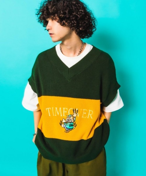 A'gem(エージェム)の「『A'gem/エージェム』LINE VEST/ワイドボーダー刺繍ニットベスト(ベスト・メンズ・イエロー/グレー/ダークグリーン・FREE)」の3枚目の写真
