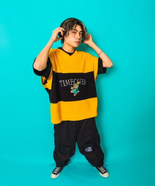 A'gem(エージェム)の「『A'gem/エージェム』LINE VEST/ワイドボーダー刺繍ニットベスト(ベスト・メンズ・イエロー/グレー/ダークグリーン・FREE)」の19枚目の写真