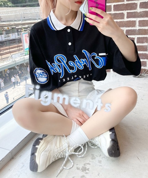 Figments(フィグメンツ)の「オーバーポロシャツ(ポロシャツ・レディース・ブラック/グリーン・FREE)」の2枚目の写真