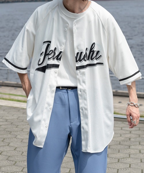 ballaholic メッシュベースボールシャツ Stripe Mesh BB Shirt (black/blue/orange) – ballaholic