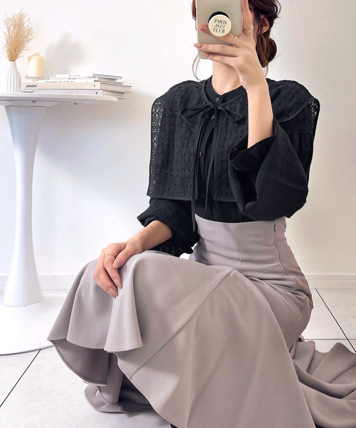 mily bilet（ミウィビレット）の「【mily bilet】大人レトロの新定番。シーンに寄り添い、マルチに活躍!!ビッグレース衿ゆったり3wayキャンディスリーブブラウス（シャツ/ブラウス・レディース・ブラウン/アイボリー/ブラック/グレイッシュベージュ・SMALL/LARGE/MEDIUM/X-LARGE）」の10枚目の写真