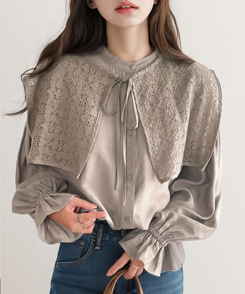 mily bilet（ミウィビレット）の「【mily bilet】大人レトロの新定番。シーンに寄り添い、マルチに活躍!!ビッグレース衿ゆったり3wayキャンディスリーブブラウス（シャツ/ブラウス・レディース・ブラウン/アイボリー/ブラック/グレイッシュベージュ・SMALL/LARGE/MEDIUM/X-LARGE）」の19枚目の写真