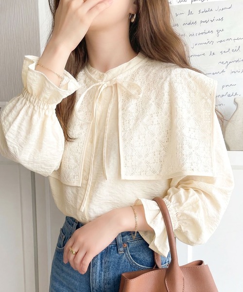 mily bilet（ミウィビレット）の「【mily bilet】大人レトロの新定番。シーンに寄り添い、マルチに活躍!!ビッグレース衿ゆったり3wayキャンディスリーブブラウス（シャツ/ブラウス・レディース・ブラウン/アイボリー/ブラック/グレイッシュベージュ・SMALL/LARGE/MEDIUM/X-LARGE）」の20枚目の写真